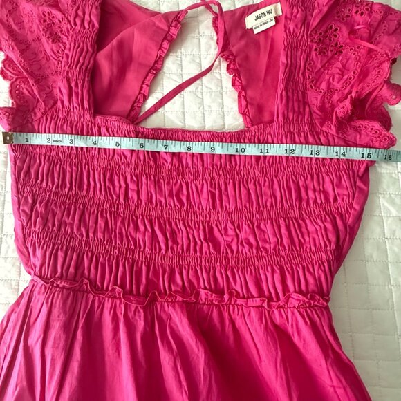 Jason Wu Fuchsia Smocked Midi Dress Eyelet Flutter Sleeves & Open Tie Back, XS - Picture 8 of 11